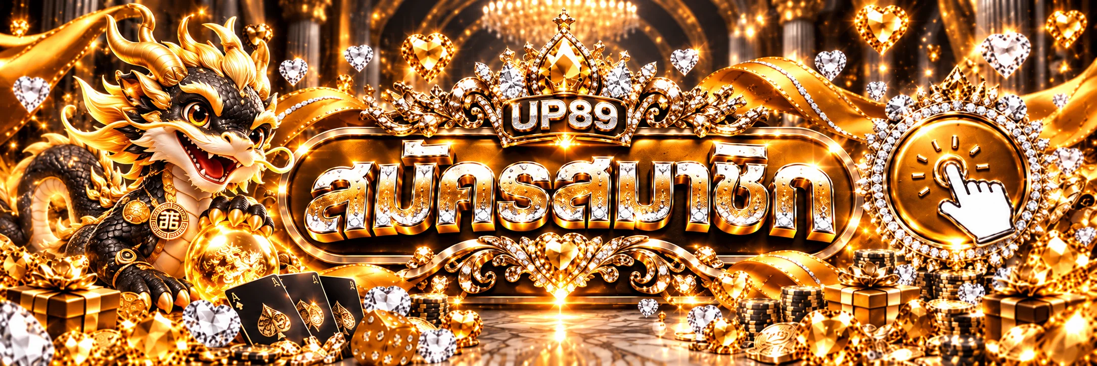 แบนเนอร์สมัครสมาชิก UP89 พร้อมมาสคอตมังกรและปุ่มทางเข้า